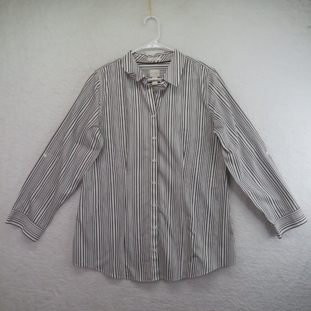 Chicos Shirt Womens Large Black White Stripe No Iron Blouse Long Sleeve Button